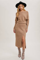 One Shoulder Off Side Slit Midi Knit Sweater Dress - Oatmeal