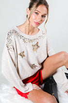 Star Tinsel Sequin Embroidery Crew-Neck Sweater - Taupe