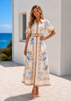 Melodie Floral Midi Dress – Blue & Beige