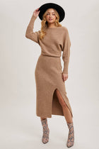 One Shoulder Off Side Slit Midi Knit Sweater Dress - Oatmeal