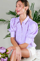 Collared Neck Puff Sleeve Horse Printed Blouse Top Off White Short Sleeve
