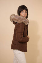 Plain down jacket with faux fur hood: