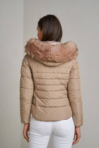 Plain down jacket with faux fur hood: