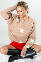 Star Accent Crew Neck Long Sleeve Knitted Sweater - Grey
