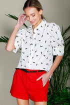Collared Neck Puff Sleeve Horse Printed Blouse Top Off White Short Sleeve