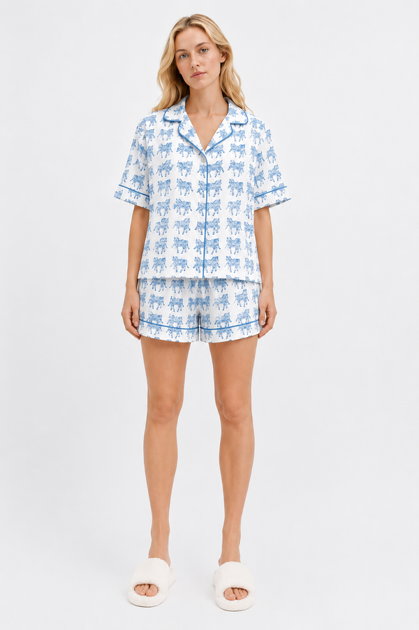 Delicate Horse Woodblock Cotton Shortie Pyjama Set – Soft Blue