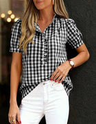 Plaid Puff Sleeve Blouse Boutique Ruffle Button Top: Khaki