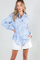 Star Embroidery Stripe 100% Cotton Collared Shirt Top - Blue