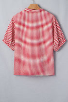 Gingham Plaid Colorblock Trim Short Sleeve Blouse - Red