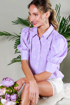 Collared Neck Puff Sleeve Horse Printed Blouse Top Off White Short Sleeve