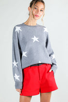 Star Accent Crew Neck Long Sleeve Knitted Sweater - Grey