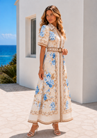Melodie Floral Midi Dress – Blue & Beige