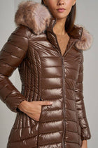 Navy Blue Metallic Longline Down Jacket with Removable Fur Hood