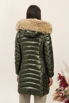 Metallic Longline Down Jacket with Removable Fur Hood - Olive
