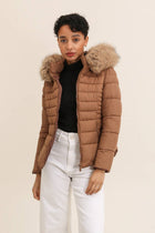 Plain down jacket with faux fur hood:
