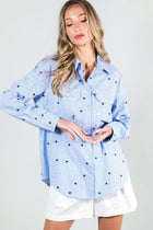 Star Embroidery Stripe 100% Cotton Collared Shirt Top - Blue