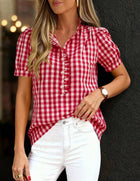Plaid Puff Sleeve Blouse Boutique Ruffle Button Top: Khaki