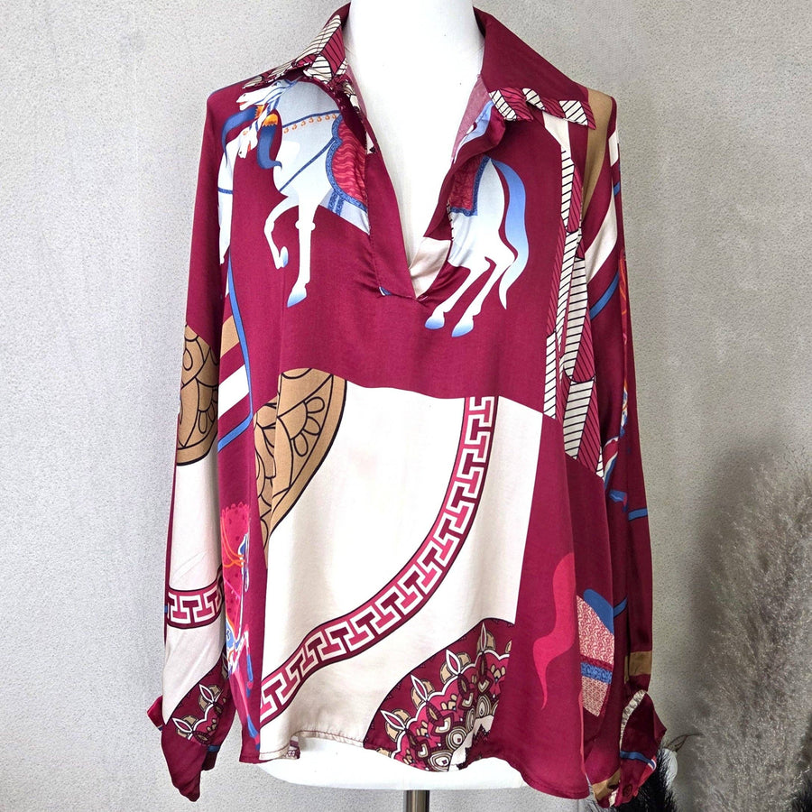 Luxe Hermes Style Horse Print Silk Viscose Blend Open Neck Shirt