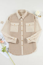 Houndstooth Corduroy Patchwork Flap Pocket Shacket - Parchment