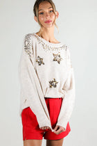 Star Tinsel Sequin Embroidery Crew-Neck Sweater - Taupe