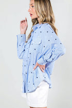 Star Embroidery Stripe 100% Cotton Collared Shirt Top - Blue