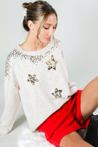 Star Tinsel Sequin Embroidery Crew-Neck Sweater - Taupe