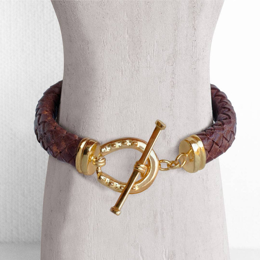 Aristo - 14K Gold Vermeil Brown Leather Horseshoe Bracelet: Medium