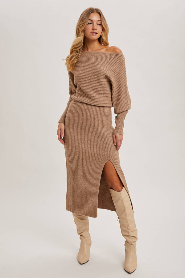 One Shoulder Off Side Slit Midi Knit Sweater Dress - Oatmeal & Latte