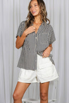 Collared Short Roll-Up Sleeve Button-Down Shirt: Navy