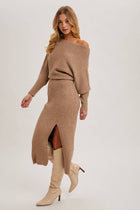 One Shoulder Off Side Slit Midi Knit Sweater Dress - Oatmeal