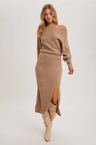 One Shoulder Off Side Slit Midi Knit Sweater Dress - Oatmeal