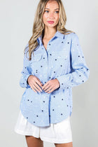 Star Embroidery Stripe 100% Cotton Collared Shirt Top - Blue