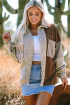 Colorblock Houndstooth Textured Patchwork Shacket - Chocolate & cream