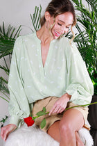 Horse Print V Neck Long Balloon Sleeve Blouse Top Sage