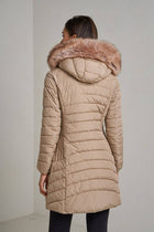 Long quilted down jacket with fur on hood: Beige