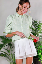 Collared Neck Puff Sleeve Horse Printed Blouse Top Off White Short Sleeve