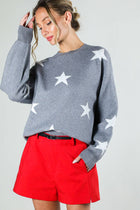 Star Accent Crew Neck Long Sleeve Knitted Sweater - Grey