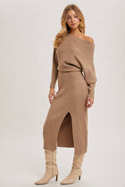 One Shoulder Off Side Slit Midi Knit Sweater Dress - Oatmeal