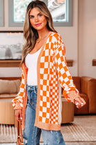 Checker Open Front Drop Shoulder Cardigan - Brown