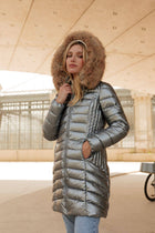 Navy Blue Metallic Longline Down Jacket with Removable Fur Hood