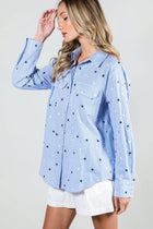 Star Embroidery Stripe 100% Cotton Collared Shirt Top - Blue