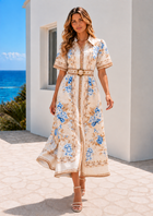 Melodie Floral Midi Dress – Blue & Beige