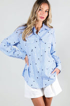 Star Embroidery Stripe 100% Cotton Collared Shirt Top - Blue