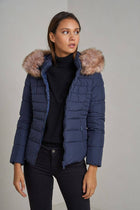 Plain down jacket with faux fur hood: