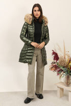 Metallic Longline Down Jacket with Removable Fur Hood - Olive