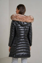 Navy Blue Metallic Longline Down Jacket with Removable Fur Hood