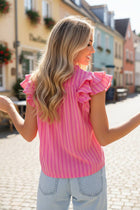 Stripe Split Neck Ruffle Sleeve Blouse: Pink Stripe