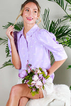 Collared Neck Puff Sleeve Horse Printed Blouse Top Off White Short Sleeve