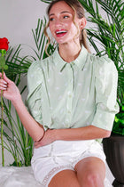 Collared Neck Puff Sleeve Horse Printed Blouse Top Off White Short Sleeve