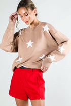 Star Accent Crew Neck Long Sleeve Knitted Sweater - Grey